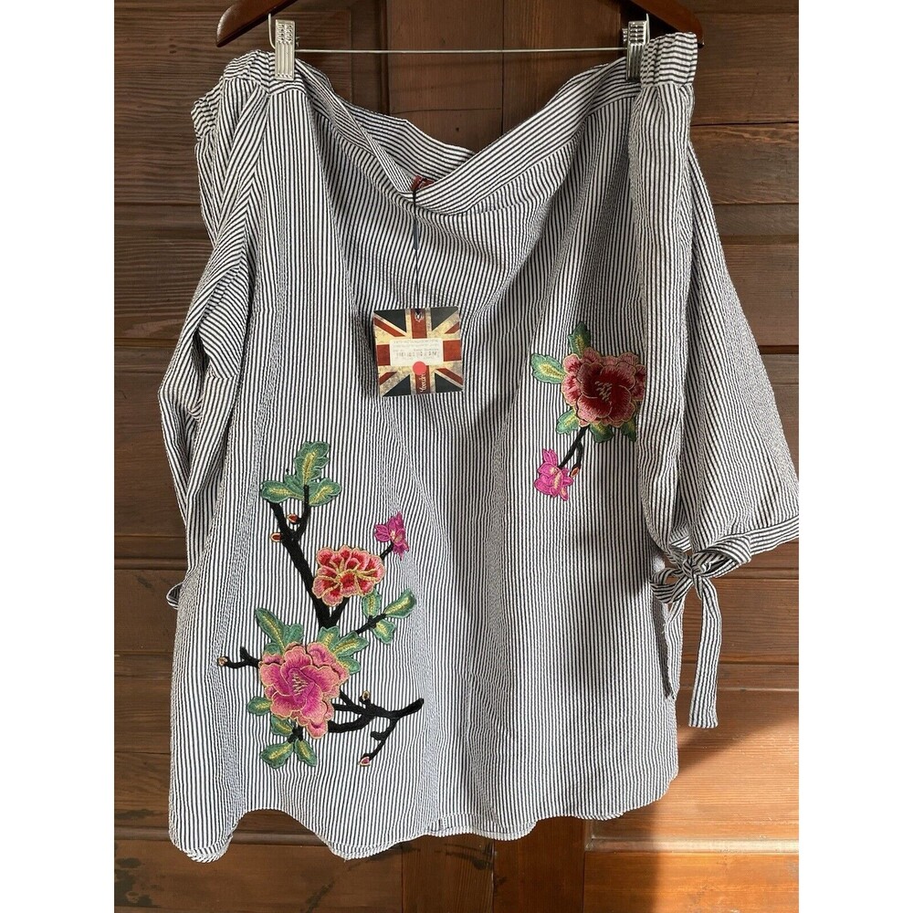 Lovedrobe Off The Shoulder Striped Blouse Embroidered Flowers NWT SIZE 30